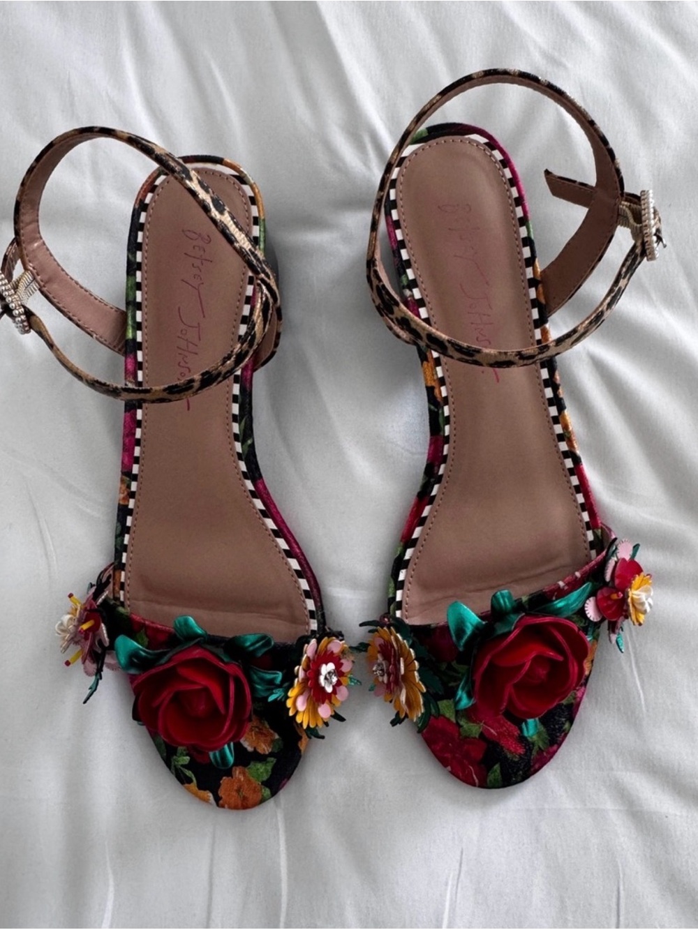 Betsy Johnson Floral Red Rose Embellished Ankle-Strap Sandals